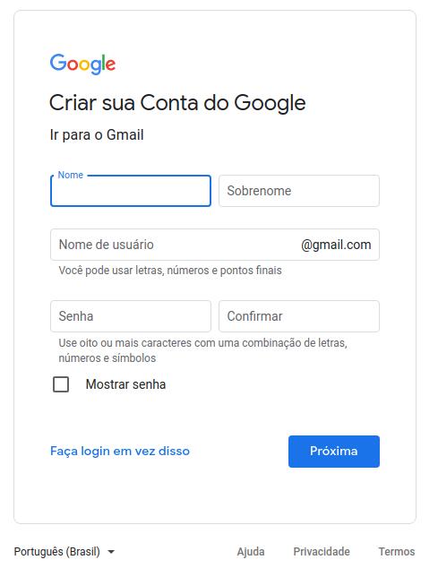 Criar uma conta Google para usar o Gmail