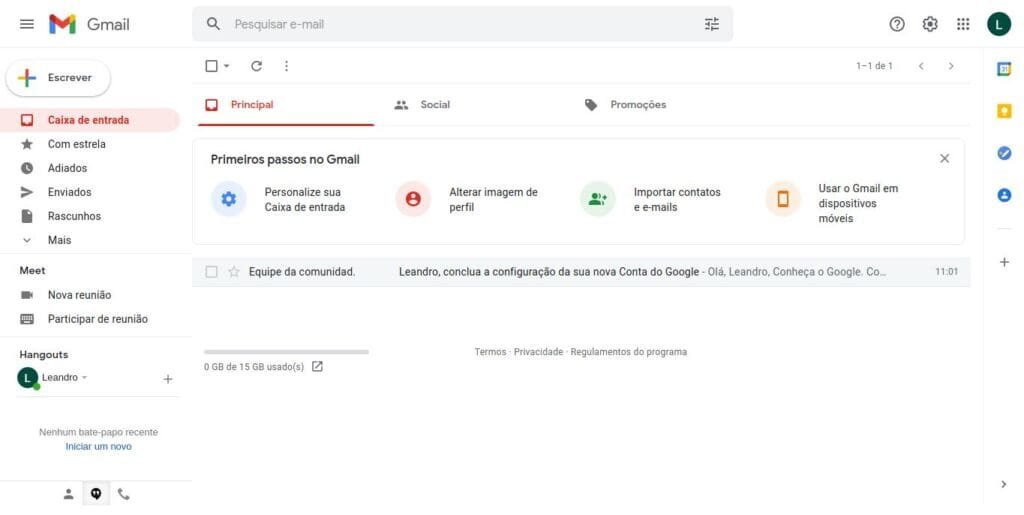 Caixa de entrada no Gmail após criar conta