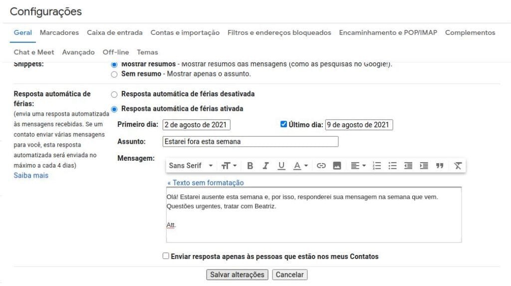 Como usar resposta automática de férias no Gmail