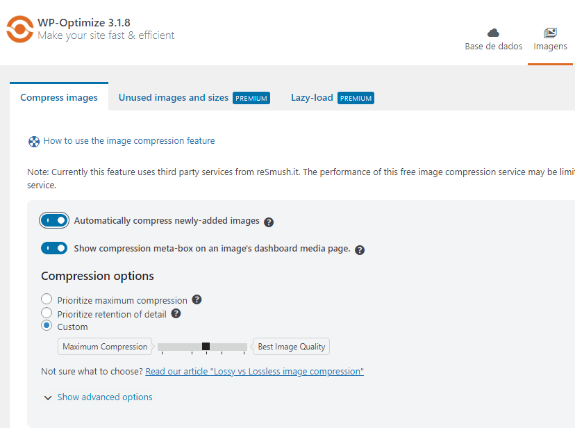 wp optimize: comprimir imagens