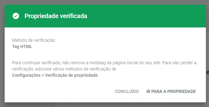 search console: propriedade verificada