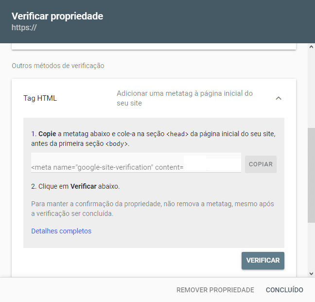 search console: verificar propriedade