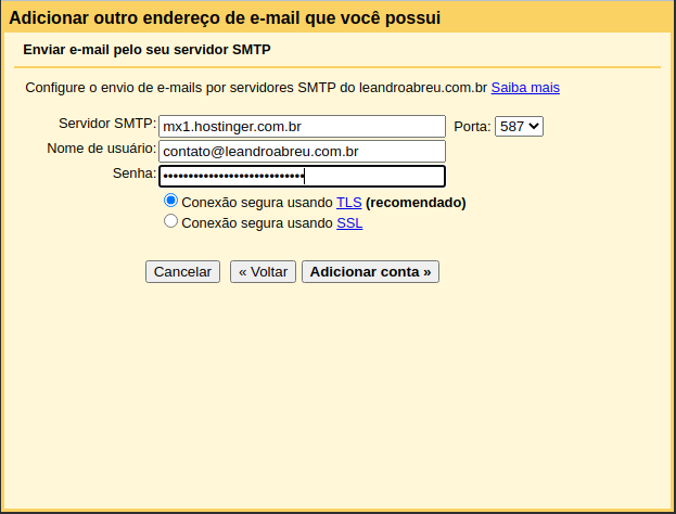 Configuração conta adicional de e-mail no Gmail