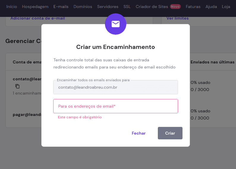 Digitar e-mail para encaminhamento na Hostinger