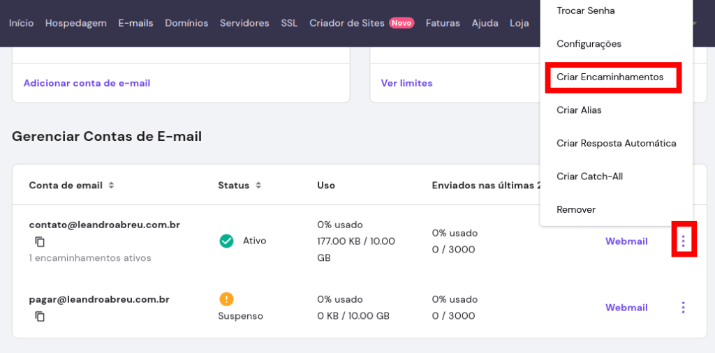 Criar encaminhamentos para e-mail da Hostinger