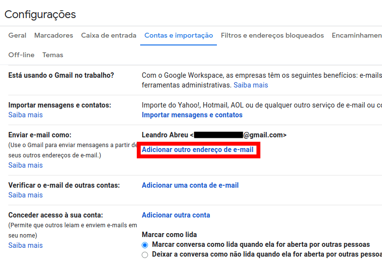 Adicionar outro endereço de e-mail para sincronizar hospedagem com o Gmail