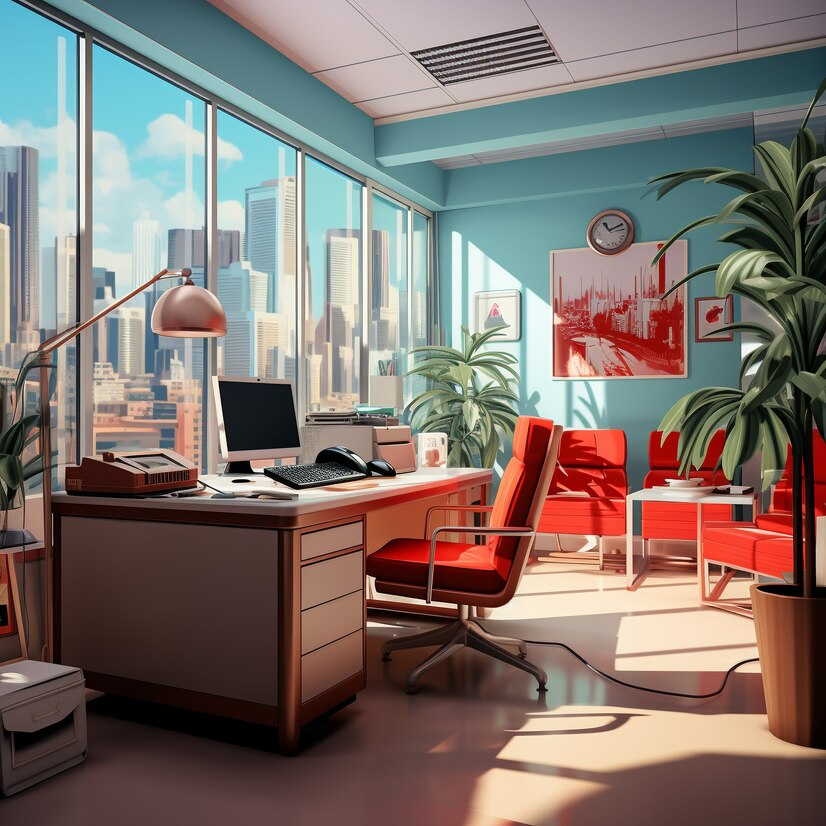 Escritório home office com detalhes em vermelho e janela ampla