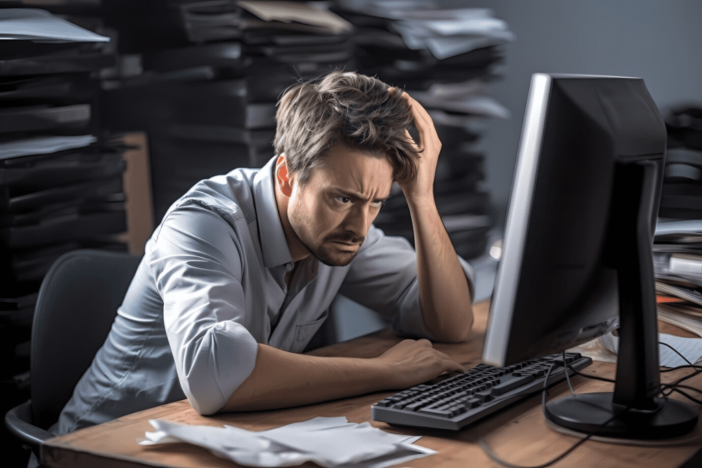 Homem estressado, com roupas de trabalho, de frente para o monitor, com uma pilha de arquivos atrás. Vale a pena ser redator freelancer?