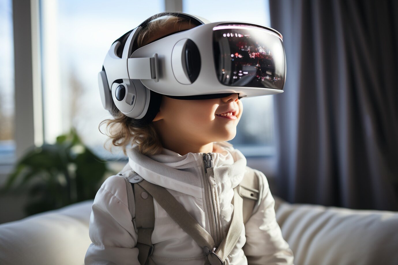 Foto gerada por IA: garotinha usando óculos de realidade virtual futurista