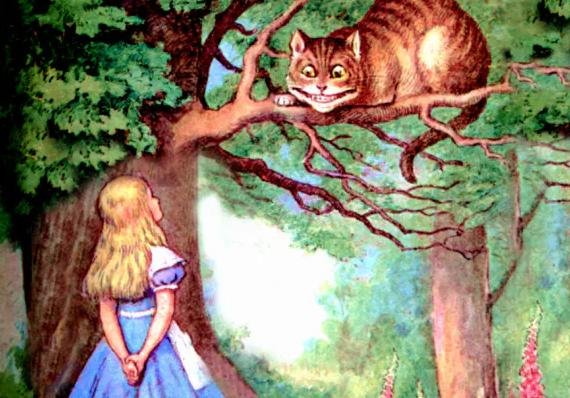Alice encontra gato de cheshire - lições em Alice no País das Maravilhas