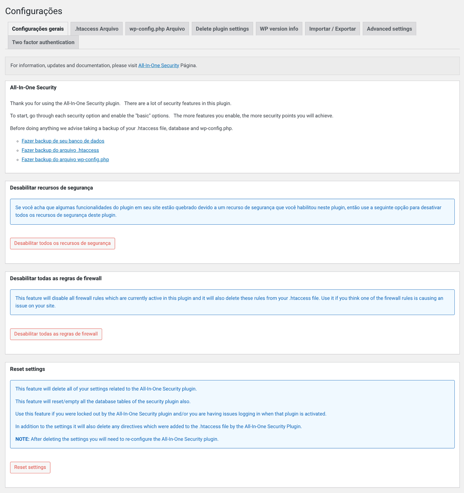 Painel configurações gerais no plugin AIOS