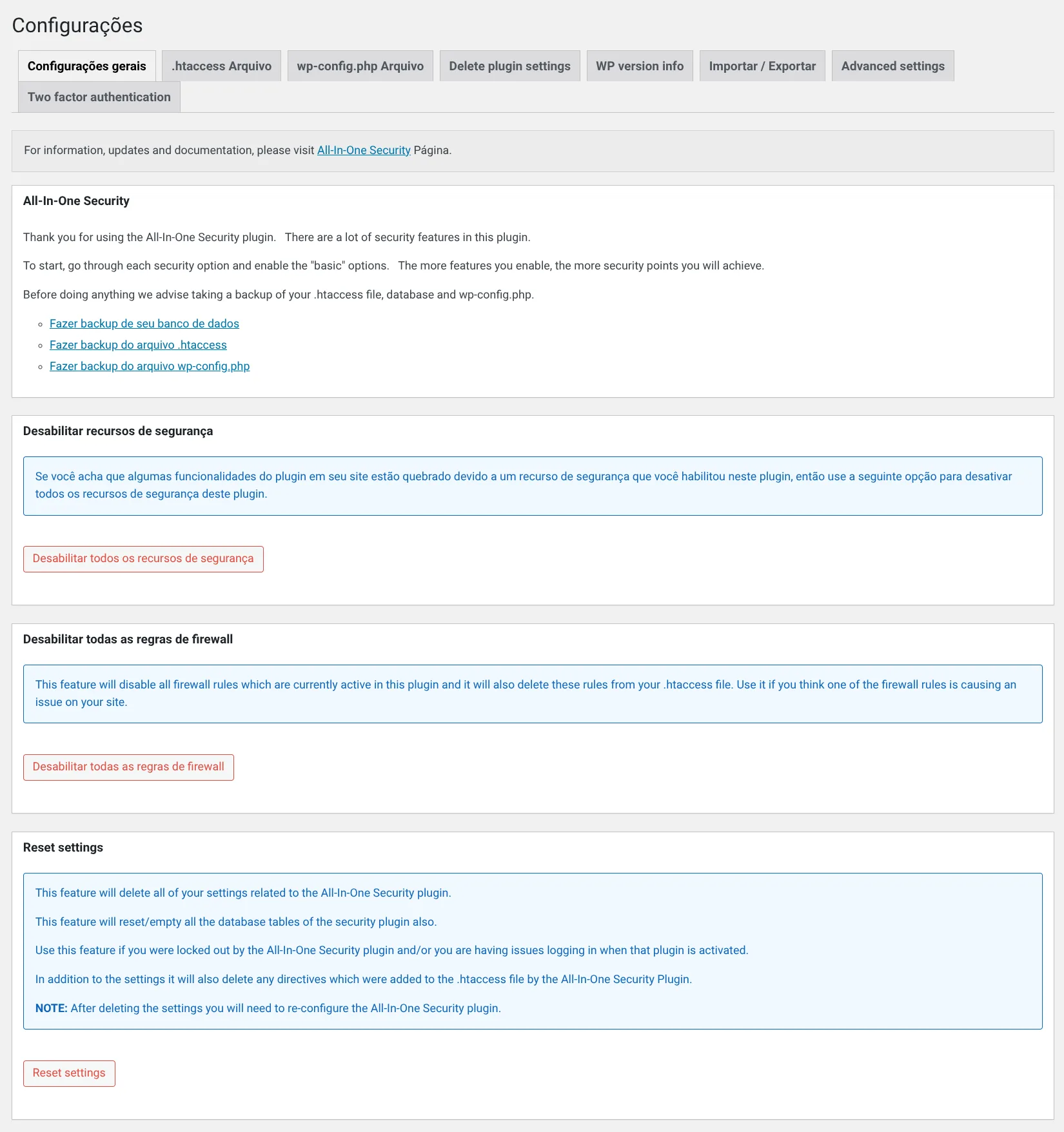 Painel configurações gerais no plugin AIOS