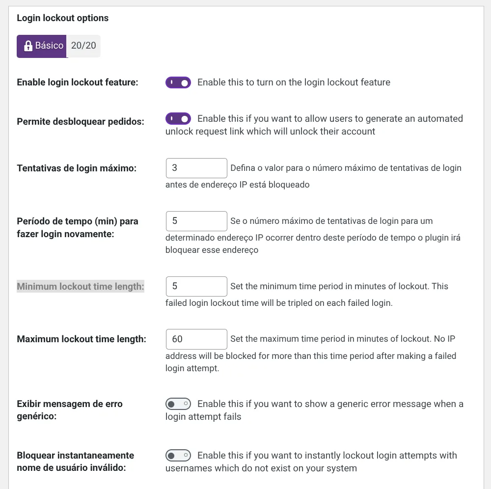 opções de bloqueio de login wp security