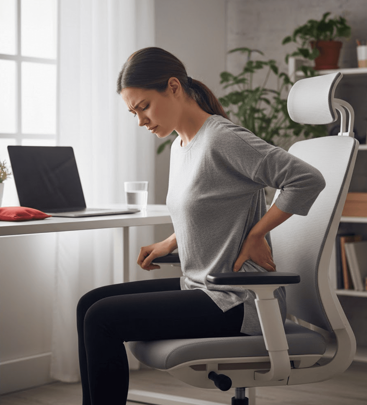 Mulher com dor na lombar sentada em cadeira ergonômica