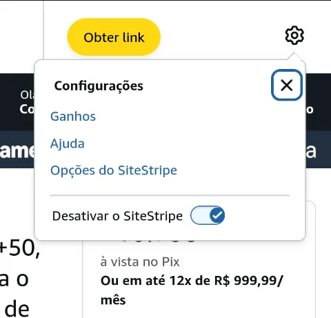 Configurações na barra do Site Stripe.