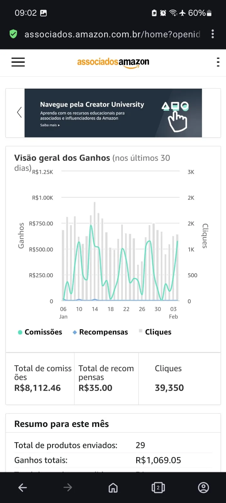 Visão geral dos Ganhos no Portal de Associados da Amazon no navegador do celular.