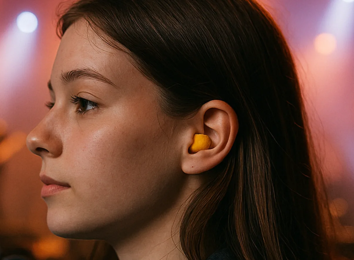 Mulher jovem, menina, usando protetor auricular, tampão, em festa, show - Melhor protetor auricular para dormir, estudar, eventos
