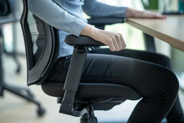 Mulher sentada ajustando o apoio de braço em cadeira ergonômica - escritório, ergonomia