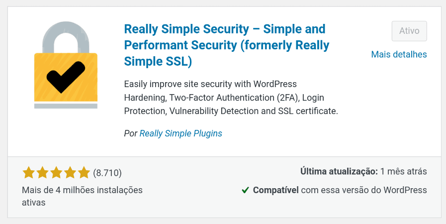 Plugin Really Simple Security, antigo Really Simple SSL, na loja do WordPress.