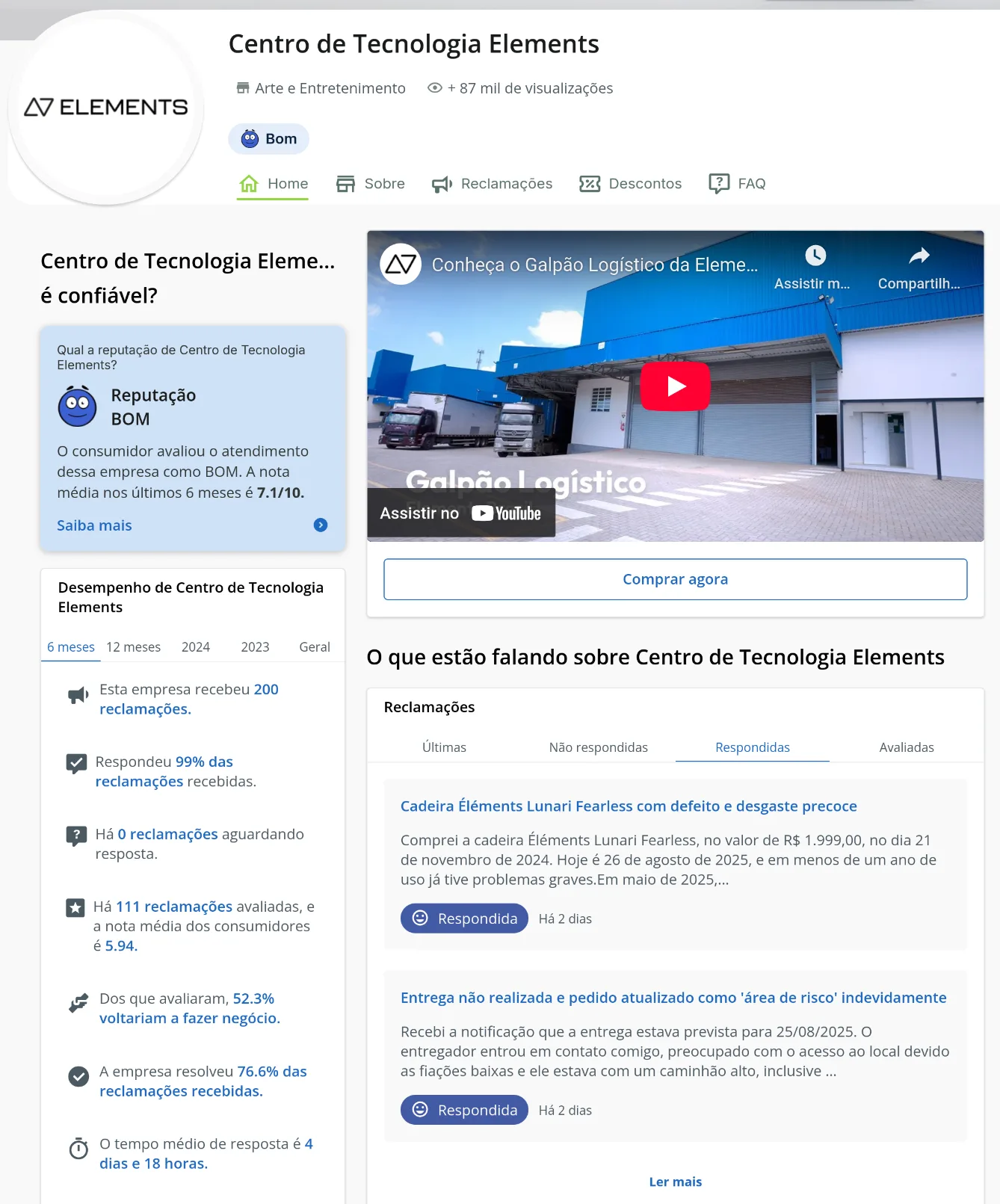 Elements no Reclame Aqui - BOM