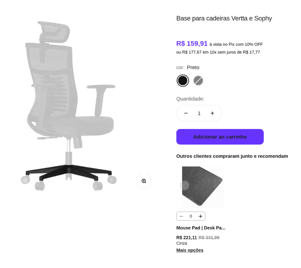 Anúncio da Elements da base das cadeiras ergonômicas Vertta e Sophy