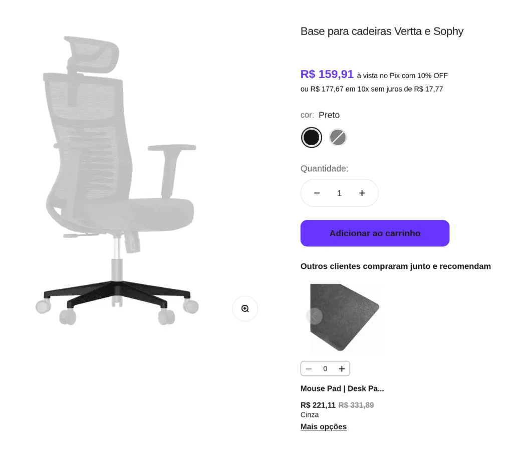 Anúncio da Elements da base das cadeiras ergonômicas Vertta e Sophy