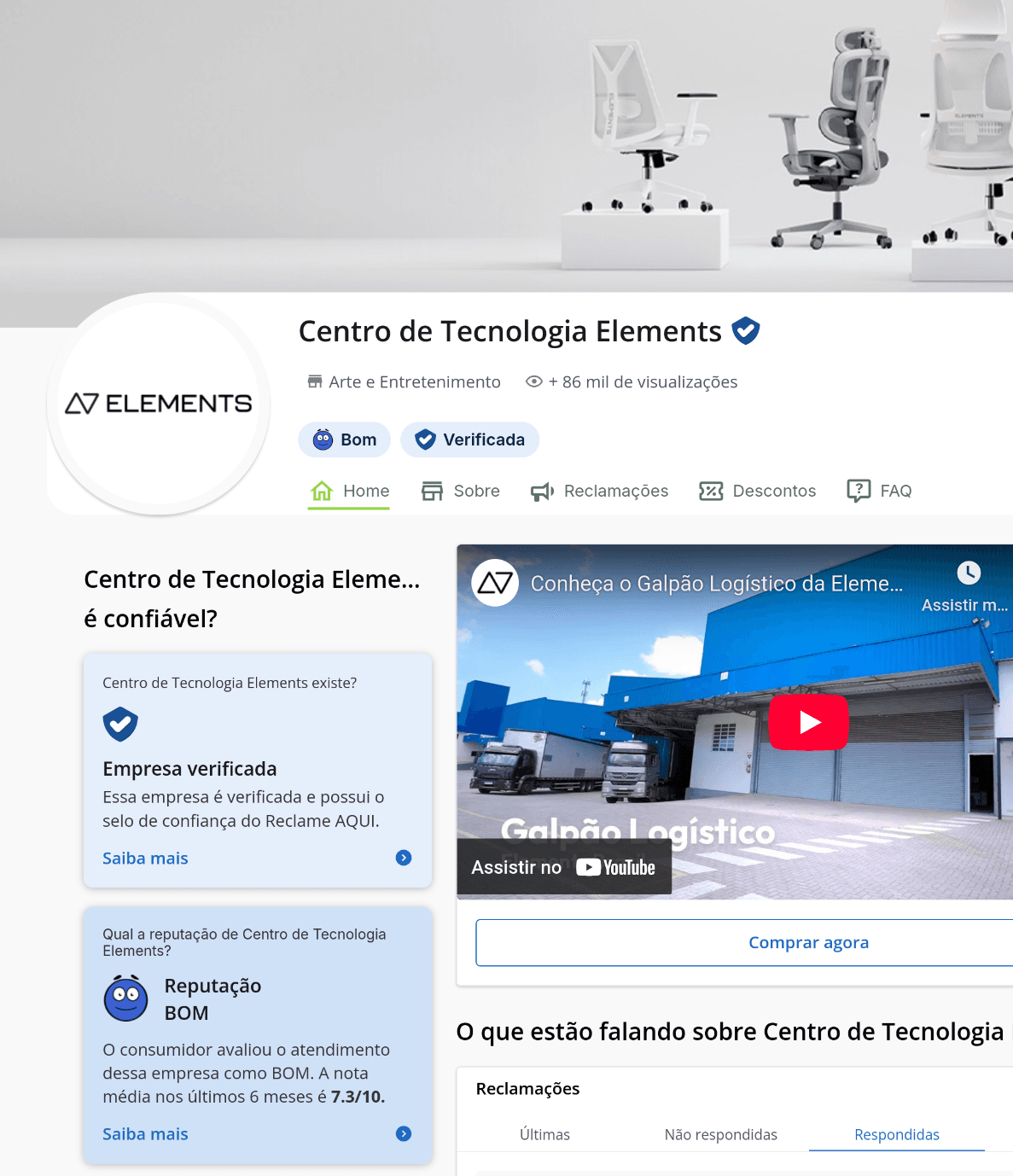 Página da Elements no Reclame Aqui