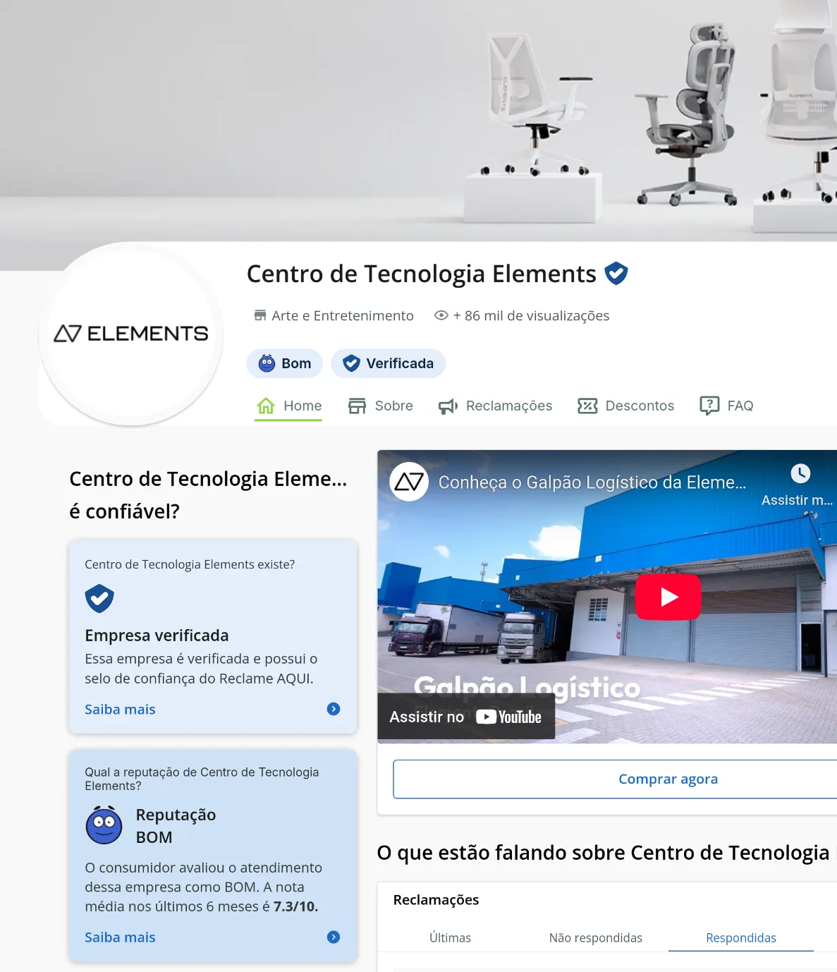 Página da Elements no Reclame Aqui