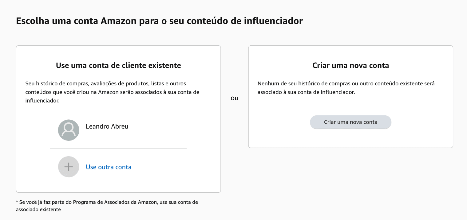 Logar em uma conta Amazon para se inscrever no programa Amazon Influencers