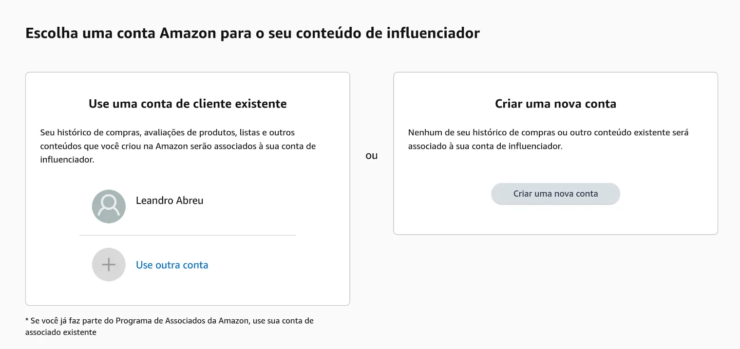 Logar em uma conta Amazon para se inscrever no programa Amazon Influencers