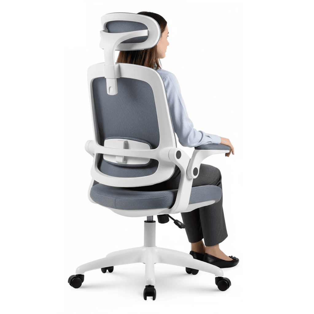 Mulher sentada em cadeira ergonômica branca estilosa - Melhor cadeira ergonômica até 1000 reais