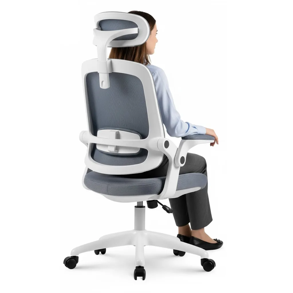 Mulher sentada em cadeira ergonômica branca estilosa - Melhor cadeira ergonômica até 1000 reais