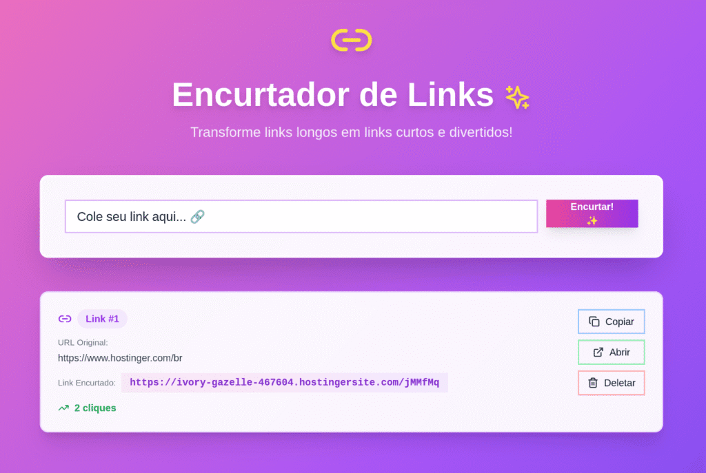Encurtador de links criado pelo Hostinger Horizons