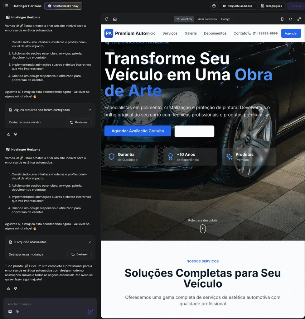 Site completo criado pelo Hostinger Horizons