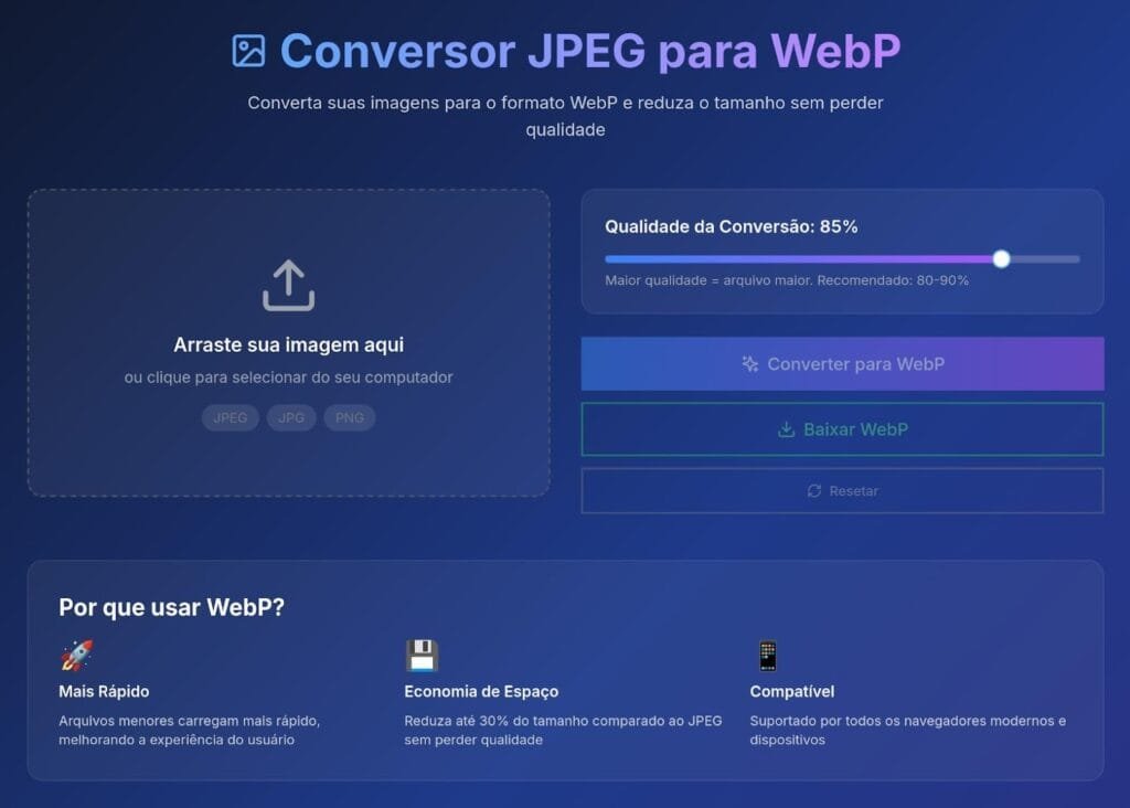 Conversor JPEG para webP criado no Hostinger Horizons