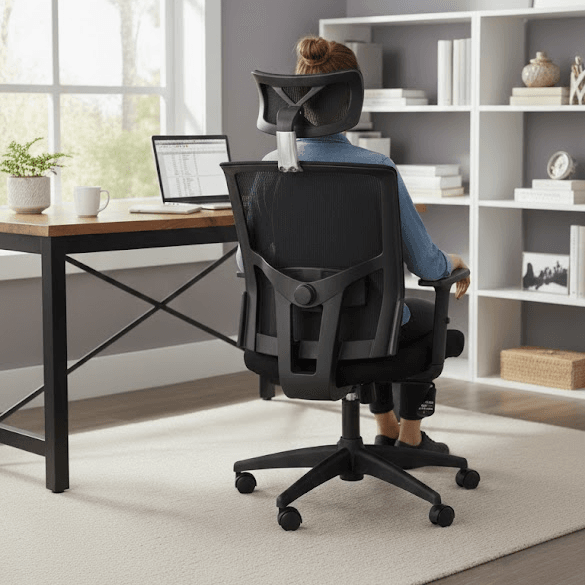 Mulher em home office sentada na cadeira ergonômica Anima Presidente de costas