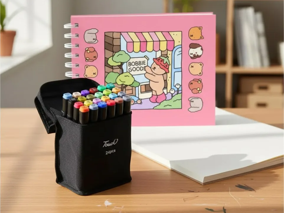 Sobre a mesa livro de colori Bobbie Goods, bloco de folhas brancas e kit de canetas de colorir