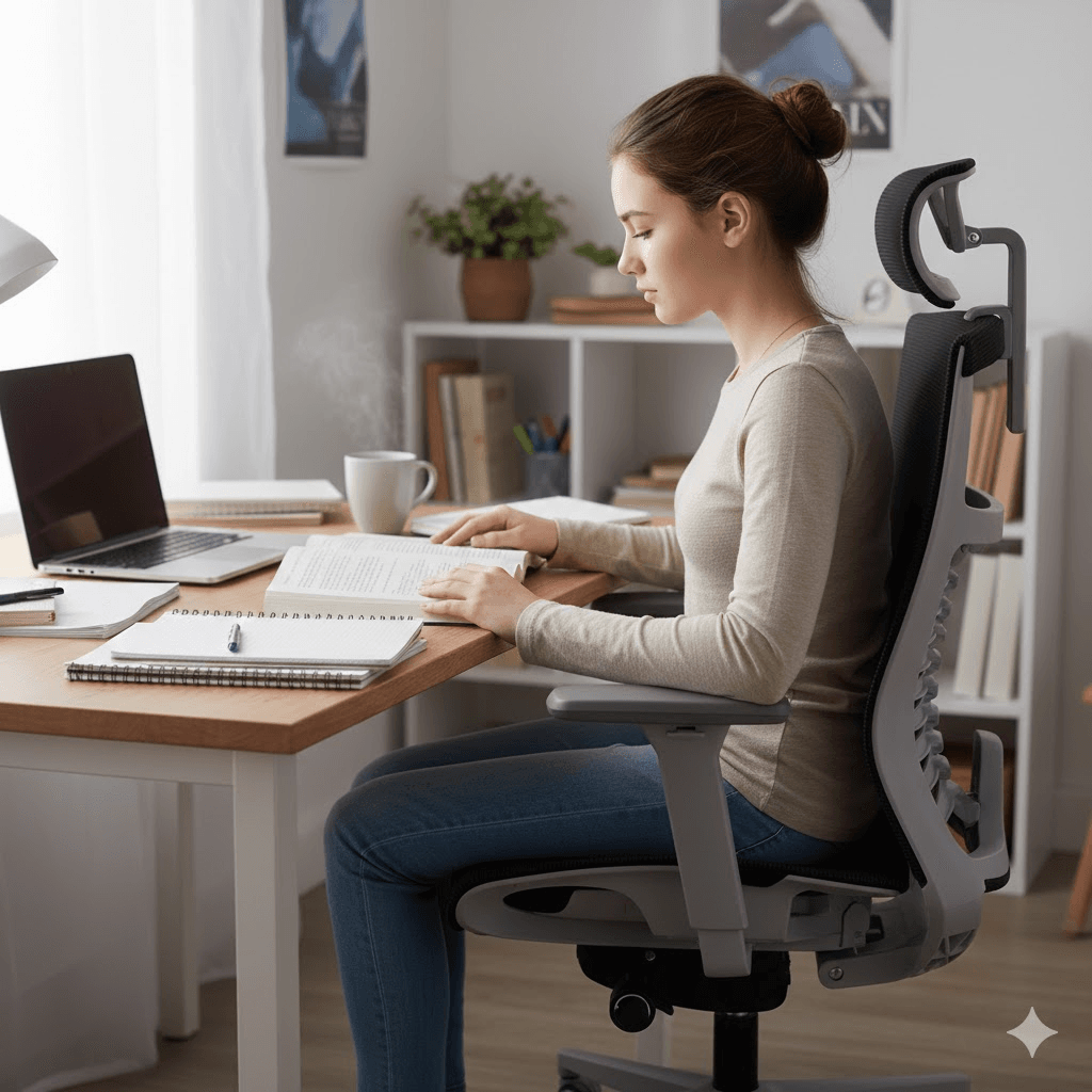 Garota jovem sentada em cadeira ergonômica Elements estudando com livro - Cadeira ergonômica para estudar