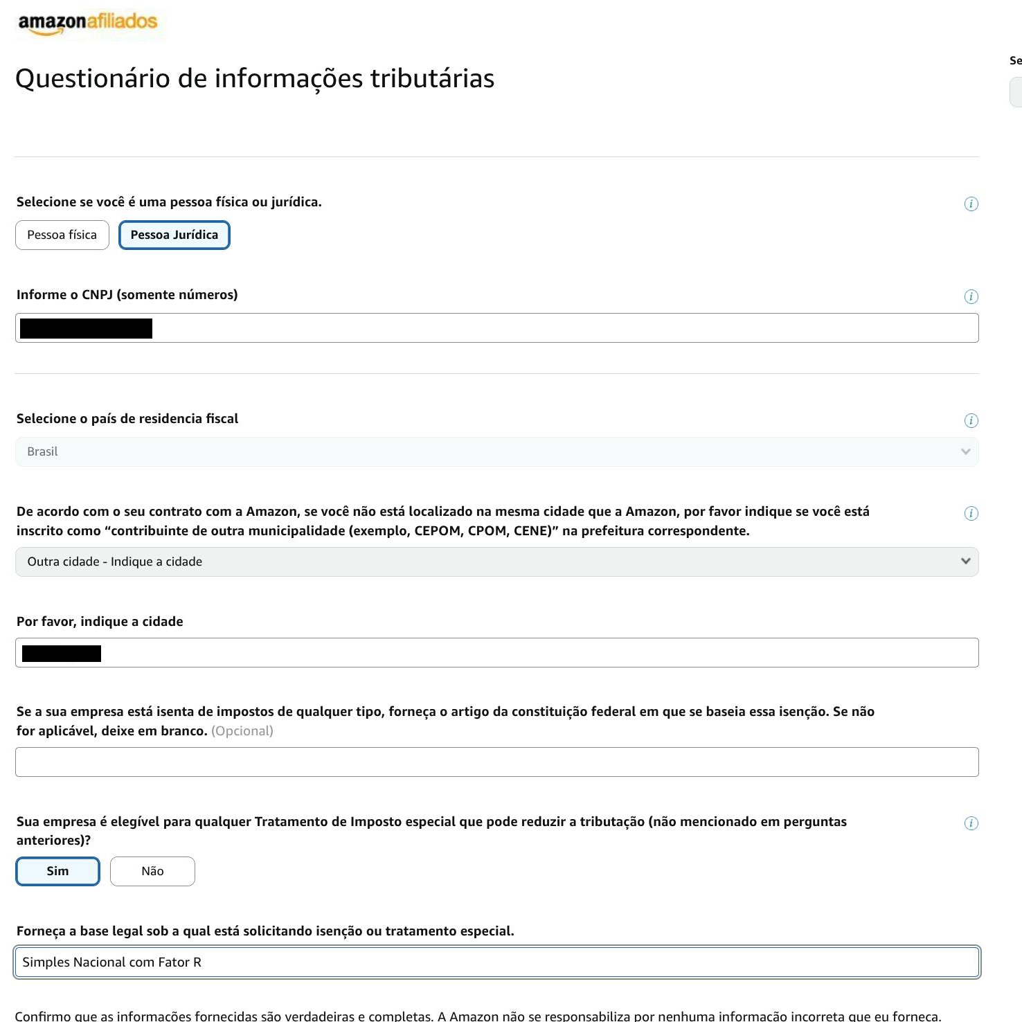 Questionário de informações tributárias da Amazon 2026