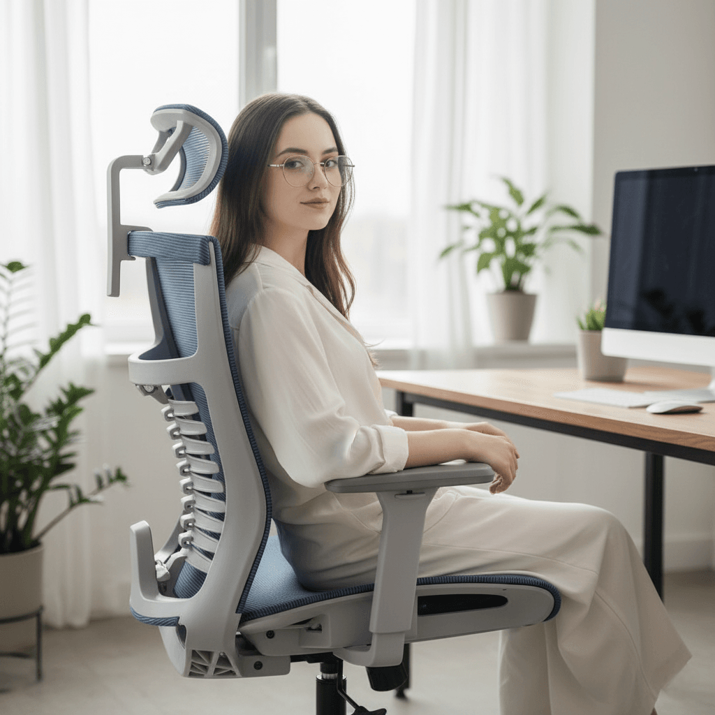Mulher jovem sentada em cadeira ergonômica Vertta - Melhores cadeiras ergonômicas, home office