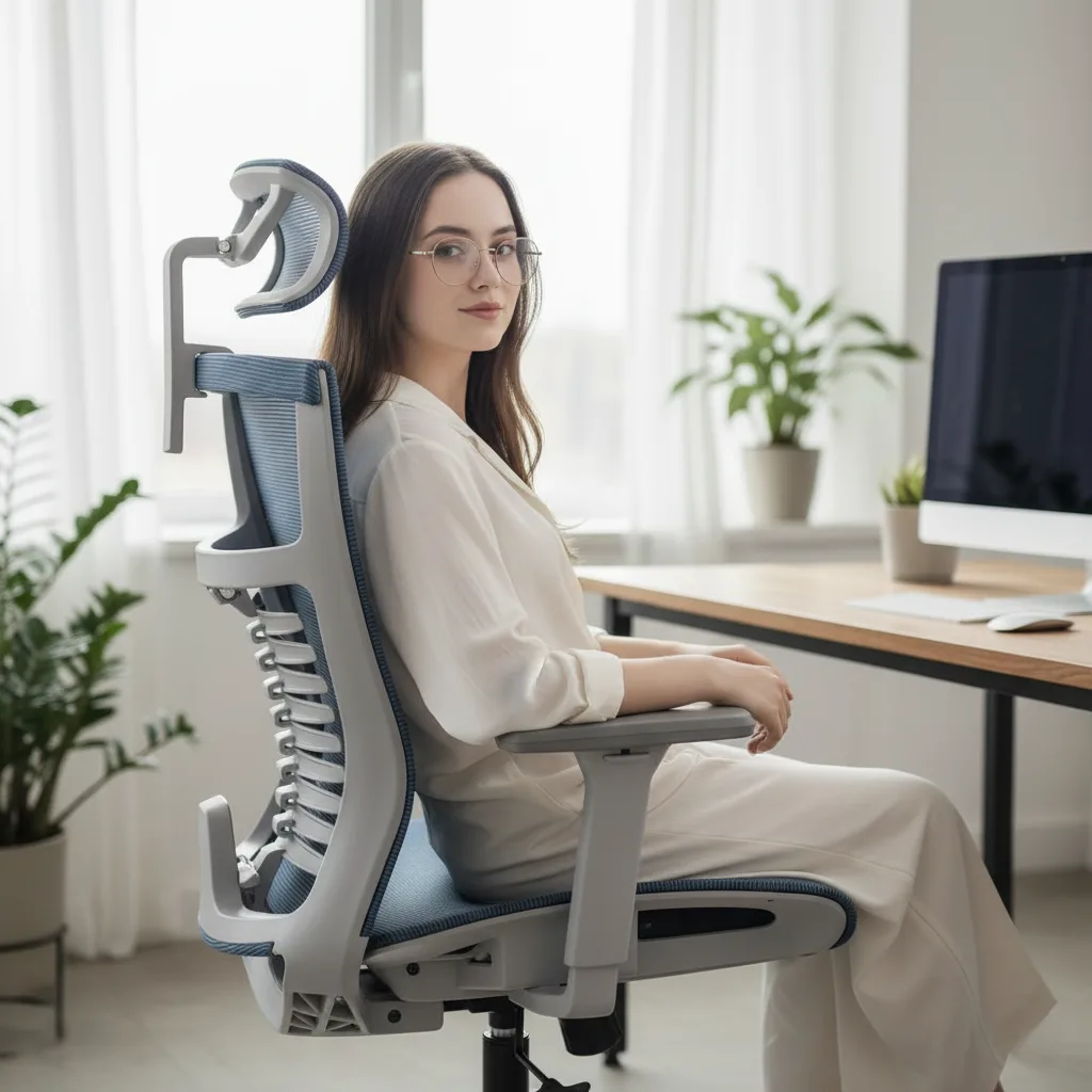 Mulher jovem sentada em cadeira ergonômica Vertta - Melhores cadeiras ergonômicas, home office
