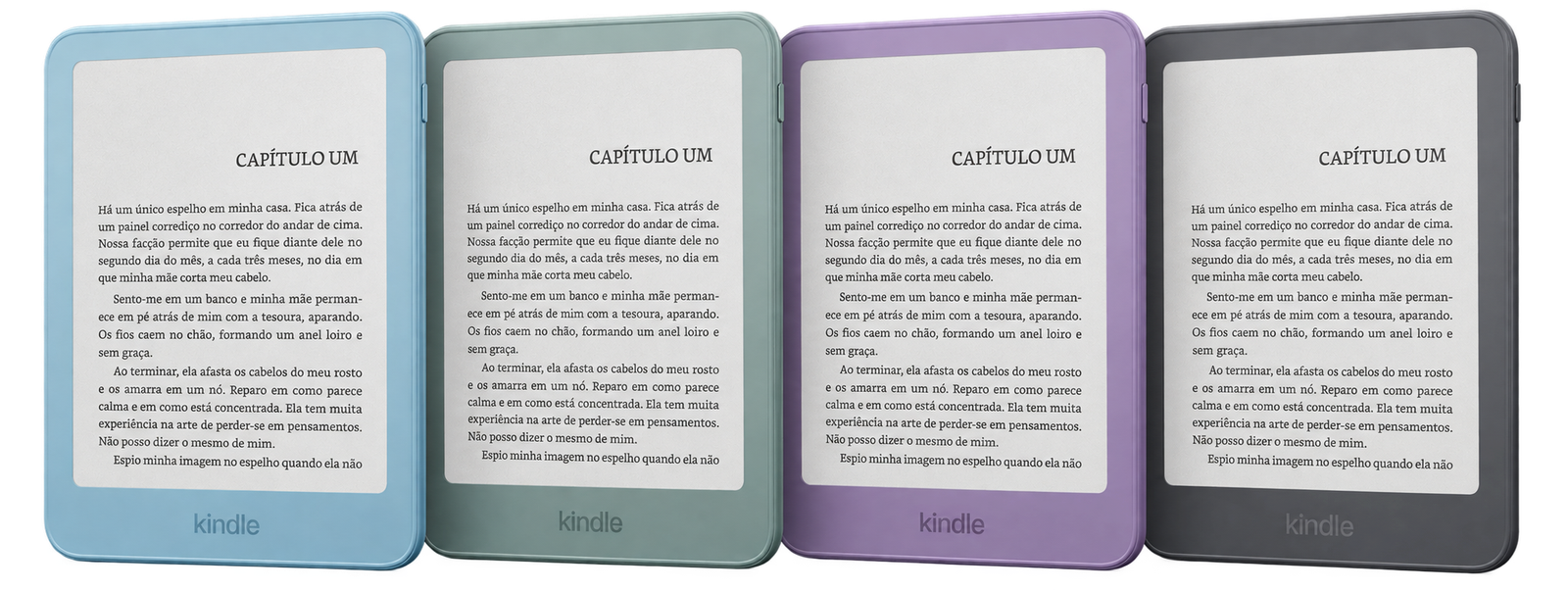 Aparelhos Kindle 2026 nas cores cores azul celeste, verde água, roxo ube e grafite
