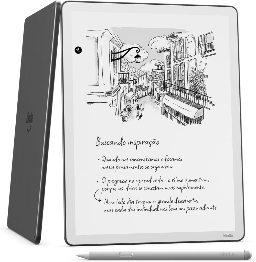 Kindle Scribe 2026 exibindo ilustração e texto escrito à mão.