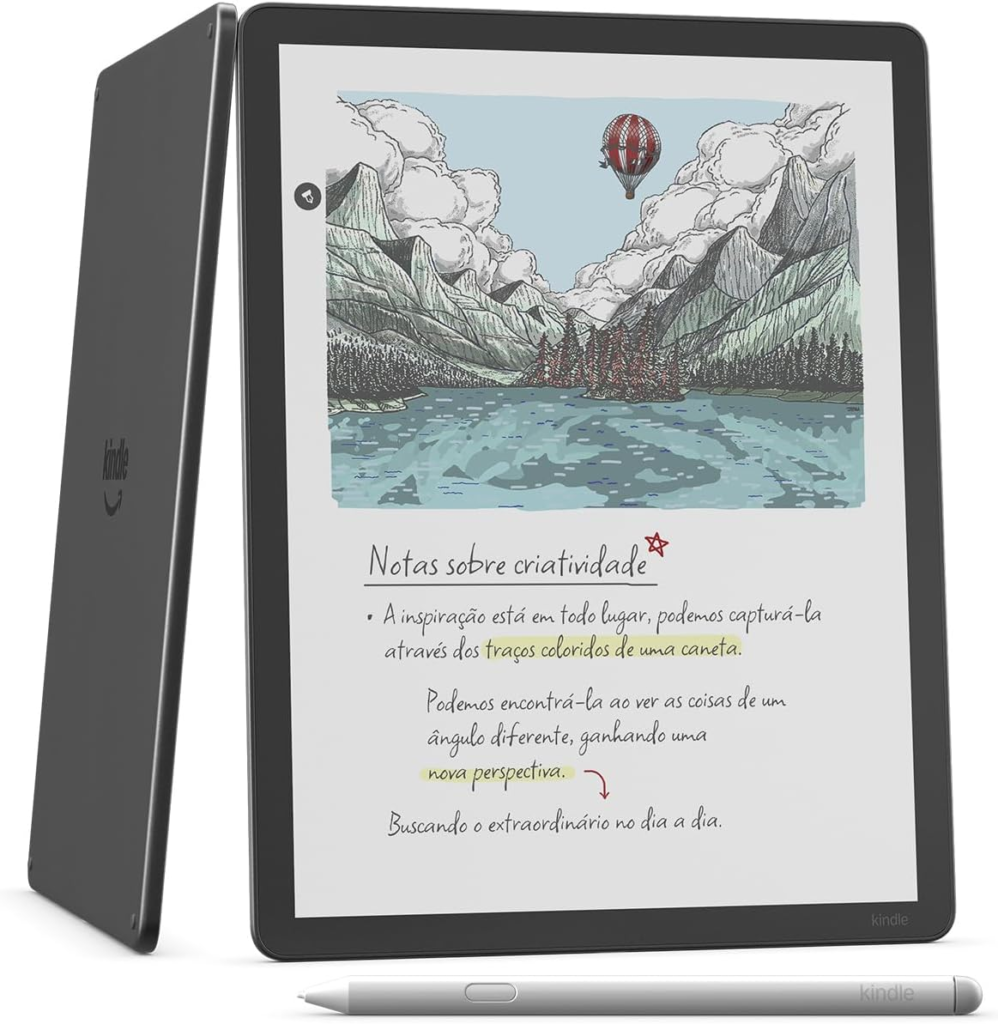 Kindle Scribe Colorsoft 2026 exibindo ilustração colorida e texto escrito à mão com marcações coloridas.