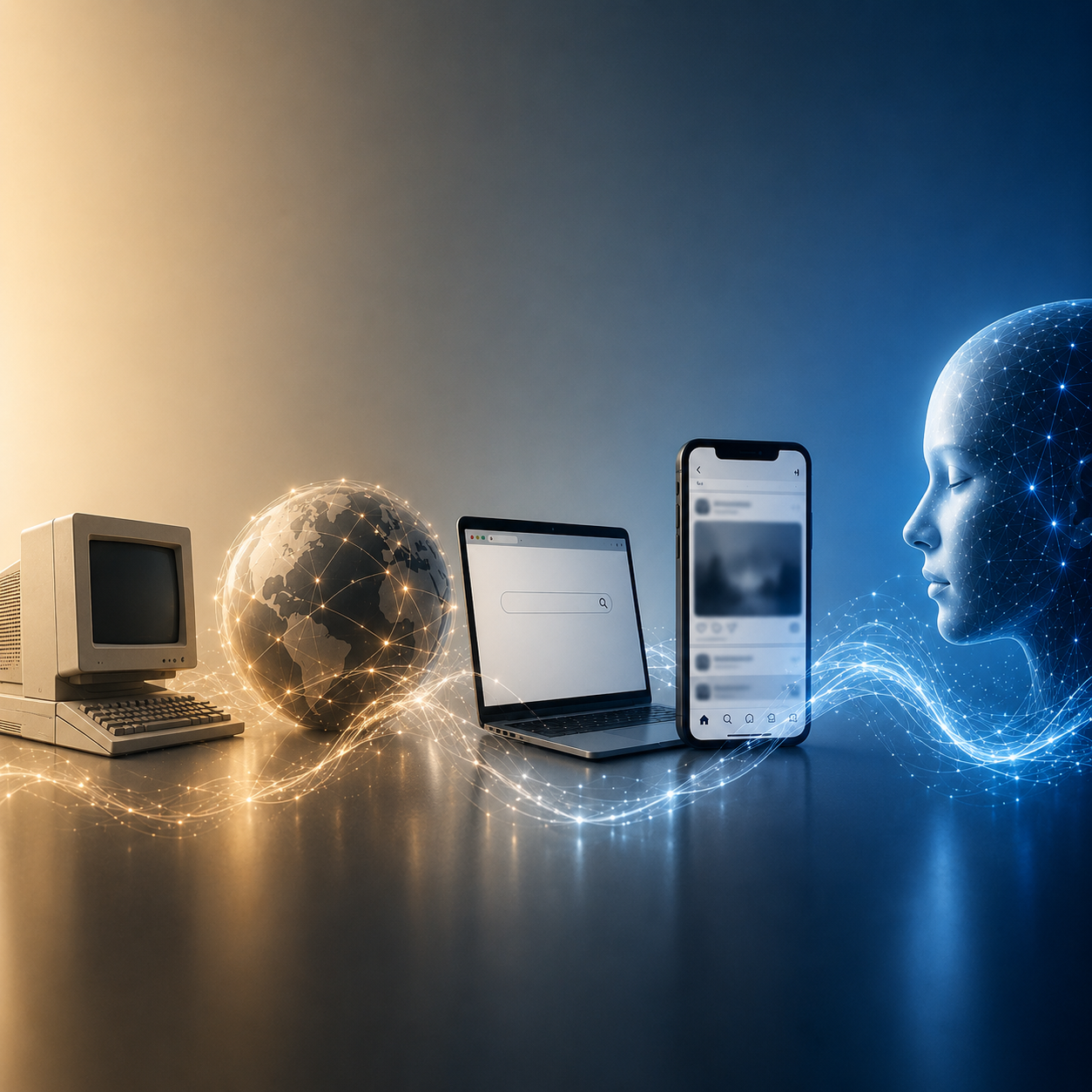 Ilustração representando a evolução da internet, do surgimento da Web aberta (com computadores de tubo), passando pelos hyperlinks, laptops, celulares e a atual Inteligência Artificial, com destaque para os agentes de IA.