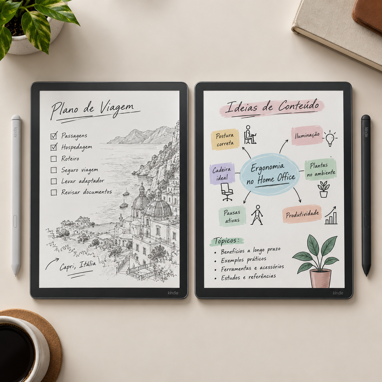 Kindle Scribe e Kindle Scribe Colorsoft sobre a mesa.